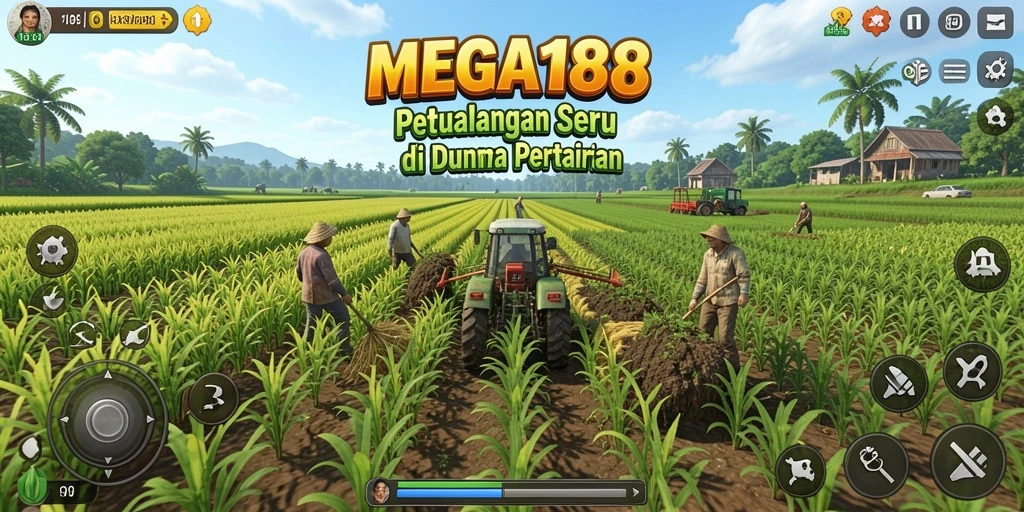 Screenshot gameplay MEGA188 menampilkan pertanian yang penuh warna dan aktivitas bertani.