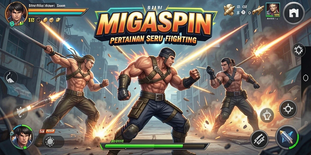 Tampilan layar gameplay MIGASPIN dengan aksi pertarungan mendebarkan.