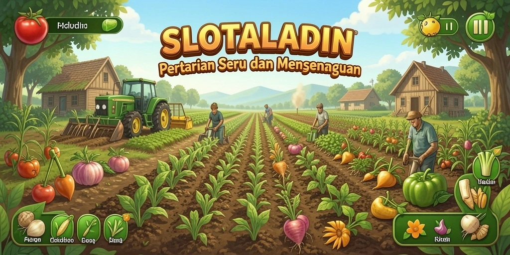 Tangkapan layar utama SLOTALADIN menampilkan kebun yang subur dan hewan ternak.